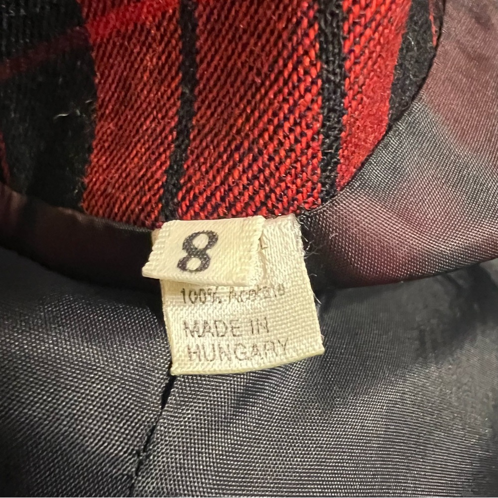 Vintage 80s Plaid Red Black Wool Blazer Leather Collar Satin Button Pristine - Picture 9 of 10